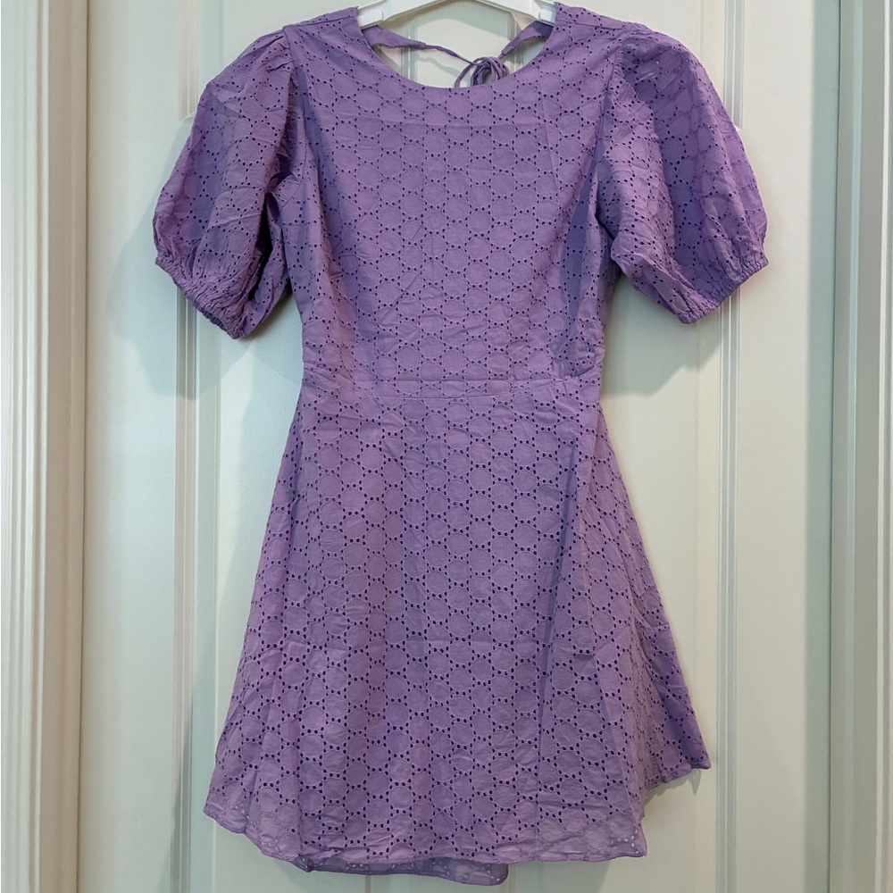 Olivaceous Lavender Eyelet Backless Puff Sleeve Scoop‎ Neck Lined A-line Dress